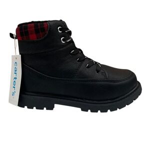 Carters Little Boys Ankle Boots Size 12 Black/Red‎ Faux Fur Lace up Side Zip